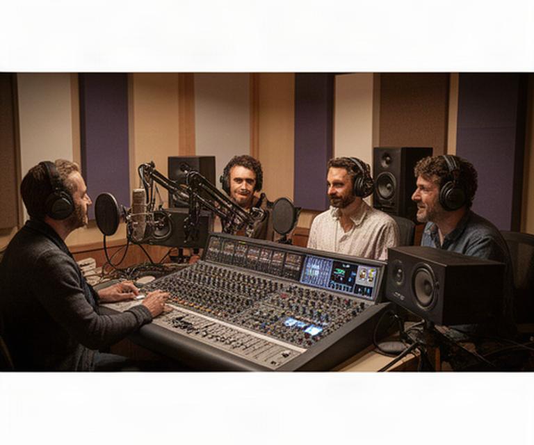 Equipo de producción de podcasts trabajando junto a una consola de sonido en un estudio acústicamente tratado de Alfaro